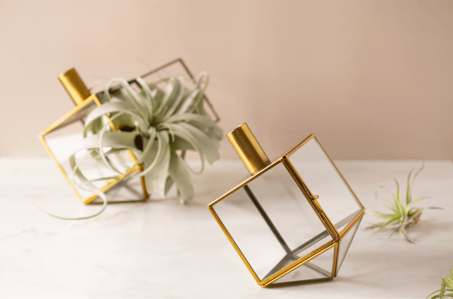 Glass and gilded metal dreidel terrariums for Hanukkah and Jewish decorations