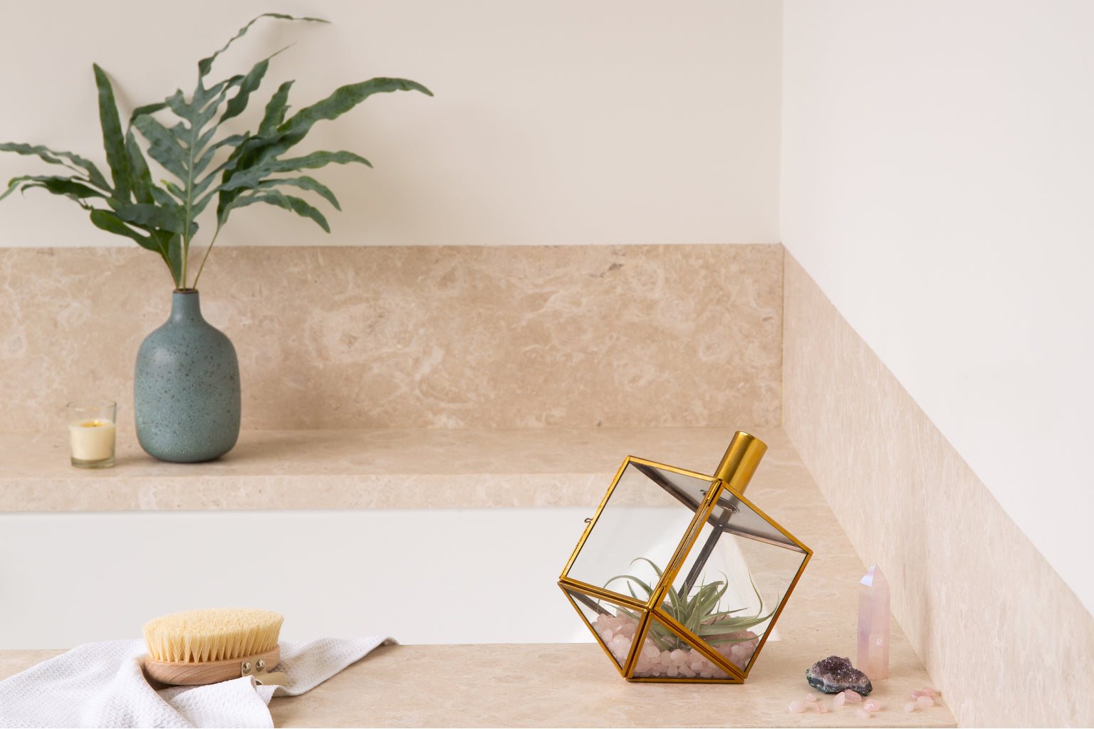 Glass and gilded metal dreidel terrariums for Hanukkah and Jewish decorations